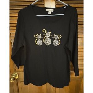 Rebecca Malone XL Black Gold Cats Rhinestone Embellished 3/4 Sleeve Top